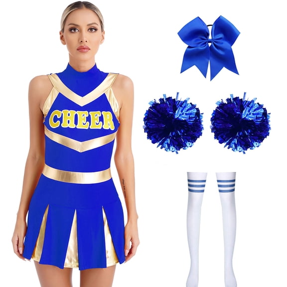 vastwit Womens Girls Cheerleading Outfits 4-pcs Sleeveless Dance Dress Cheer Uniform Set with Pom Poms Royal Blue A S