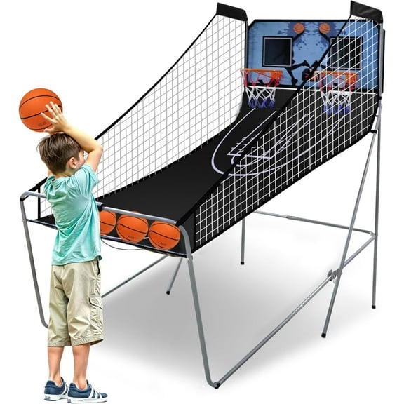 Basketball Arcade Game, Electronic Dual Shot Basketball Arcade Game for Home, Family Entertainment Centers, Rest, Indoor Outdoor Foldable Double Shot Hoops Frame, LED Scoreboard, 4 Balls