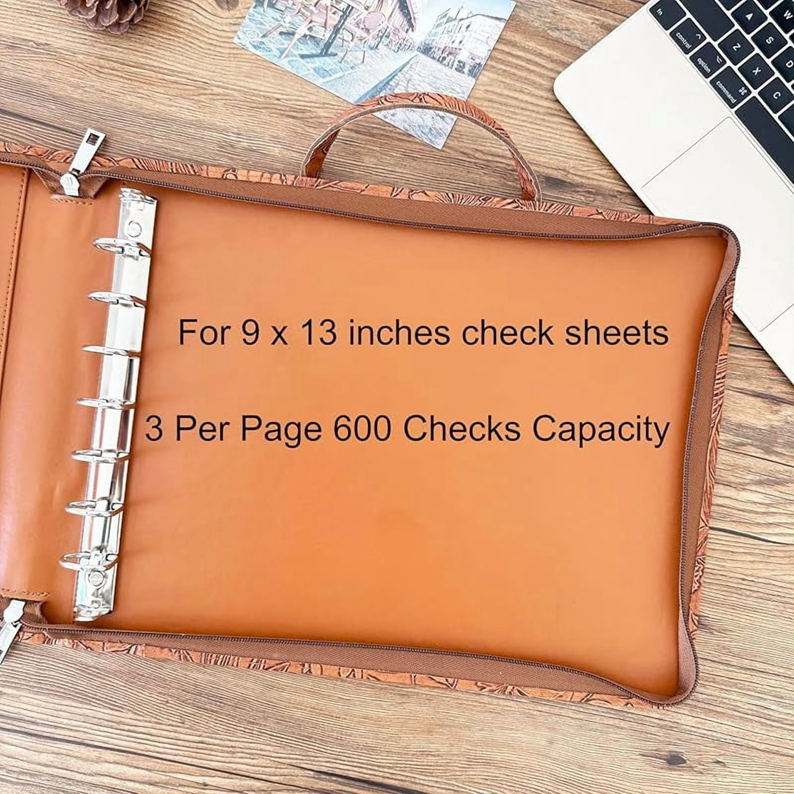 7 Ring Check Binder Vegan Leather Portfolio for 3-Up Business Size Checks, with Handle and Zippered Briefcase with 500 Check Capacity，9 x 13 inch Sheets (Hua Brown, Standard) (Hua Brown)