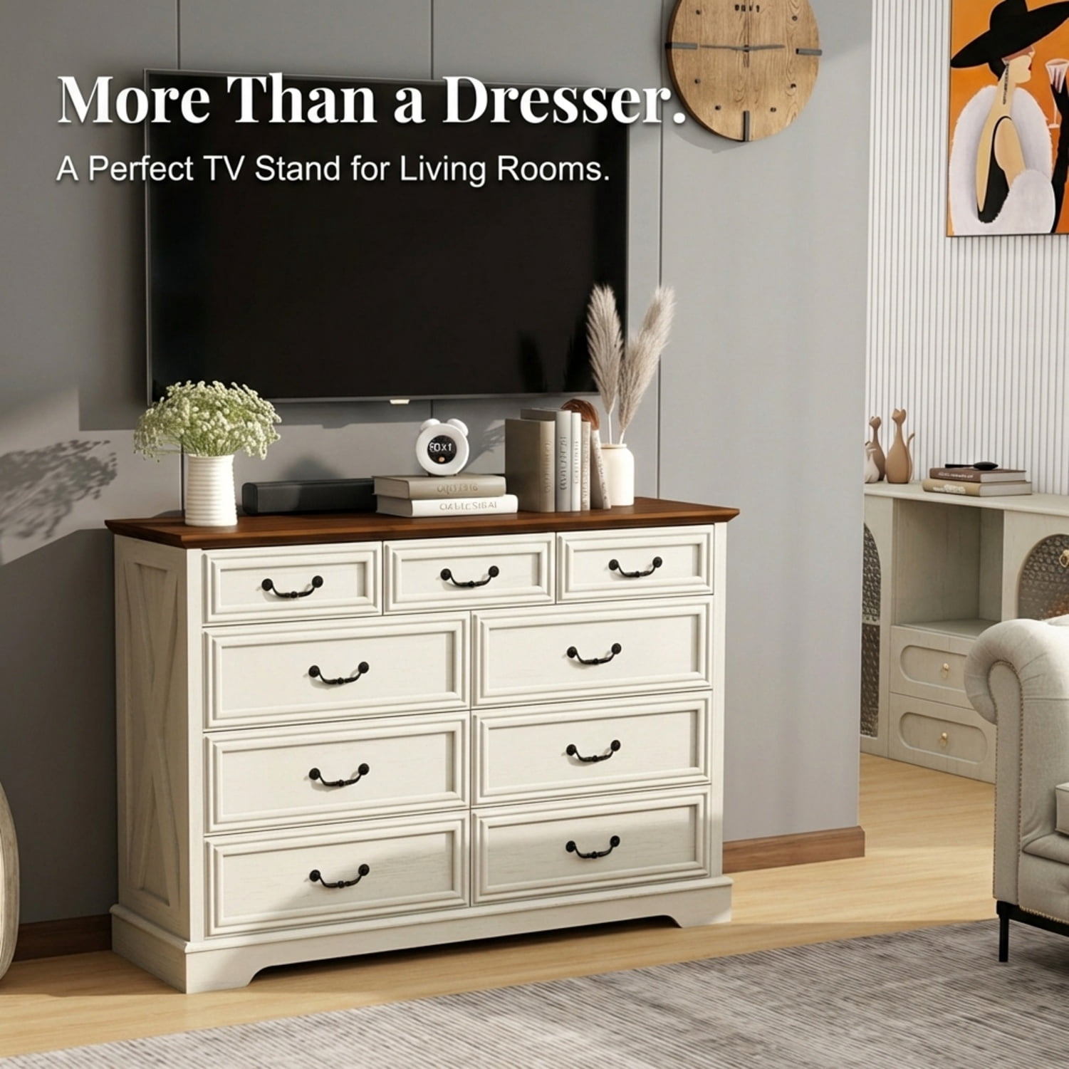Farmhouse 9-Drawer Dresser, Wide Chest of Drawers with Large Storage for Bedroom, White