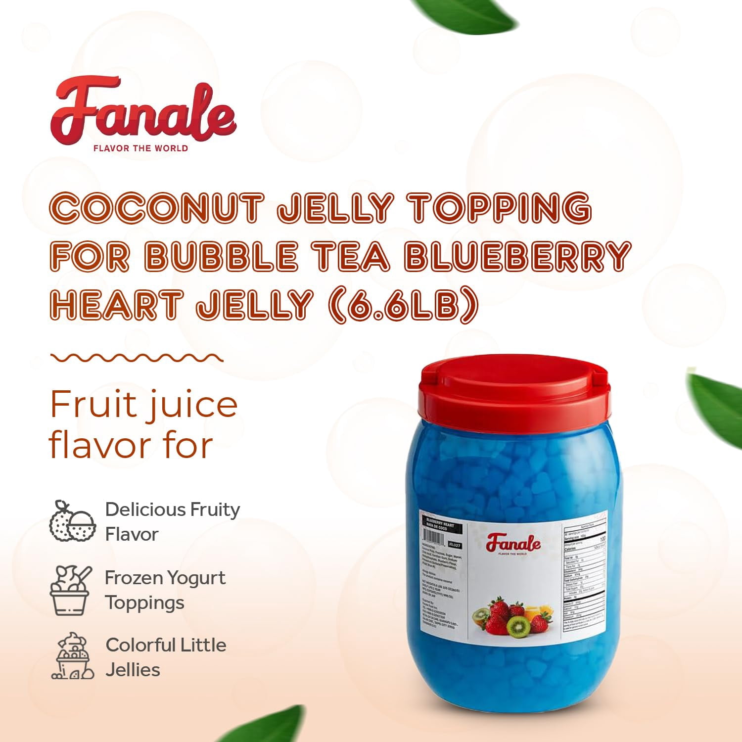 Fanale Coconut Jelly Topping nata de coco for Boba Tea (Blueberry Heart Shaped, |6.6 lb| ) Pack of 4