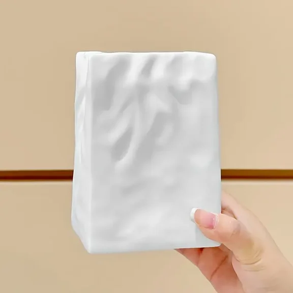 Auto Beyond Paper Bag Vase Wide-Mouth Ceramic Vase with Pleated Design White Bohemian-Style Vase Unique Aesthetic Bookshelf Decor