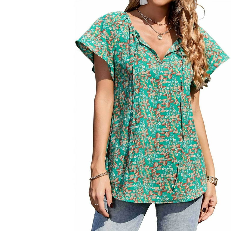 OAVQHLG3B Women Summer Casual Boho Floral Printed V-Neck