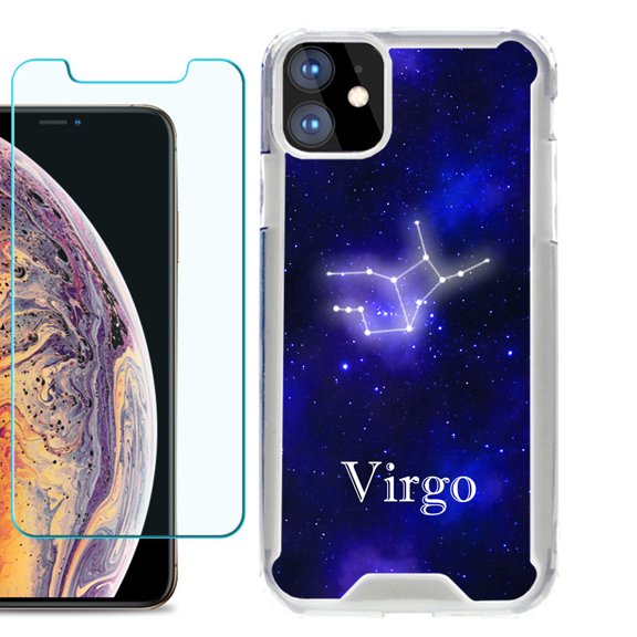 For Apple iPhone 11 Case, Hybrid Bumper Phone Case, with Tempered Glass Screen Protector, by OneToughShield ® - Zodiac / Virgo