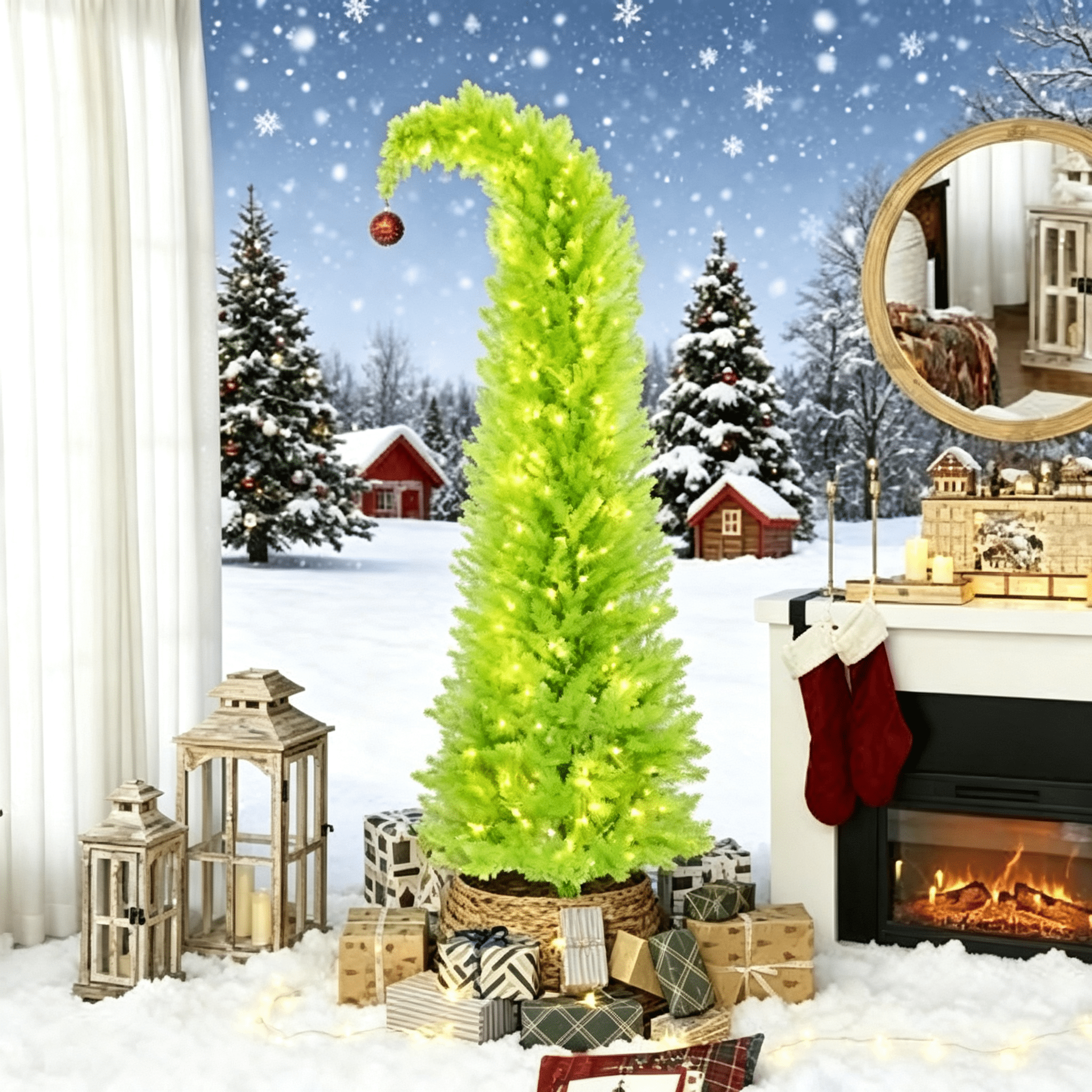 7 ft Prelit Pencil Christmas Tree with Red Ball, Green