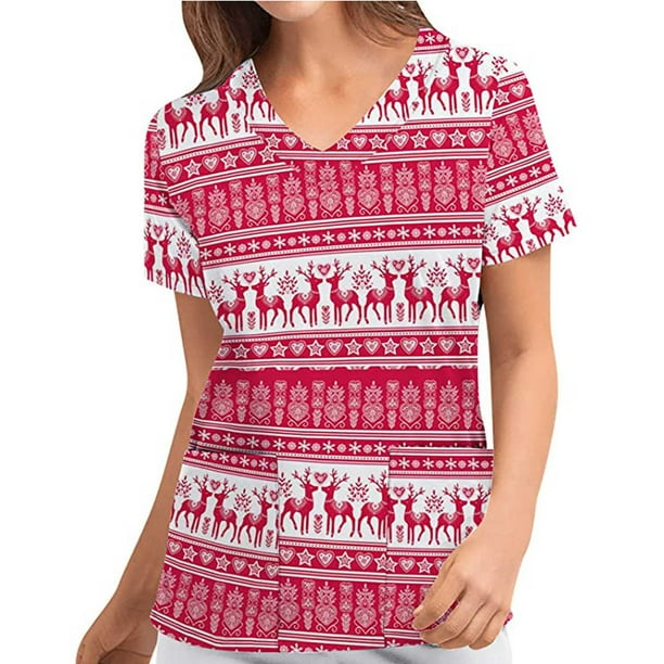 Puntoco Navidad Moda Mujer Cuello en V Casual Manga corta Impreso Bolsillos Señoras tops Blusa Puntoco Puntoco-5059