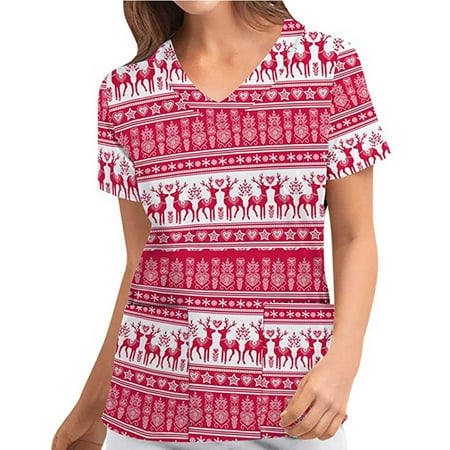 

purcolt Christmas Scrubs for Women Womens Loose Scrubs Tops Summer Nurse Short Sleeve V Neck Workwear Christmas Printed Working Uniform Shirt Medical Blouse with Pockets