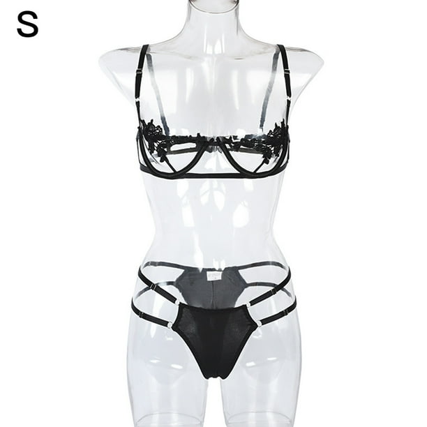 Conjunto de ropa interior de sujetador, tanga erótica, encaje hueco, lencería encantadora para mujer, S, negro Inevent XX000112-01