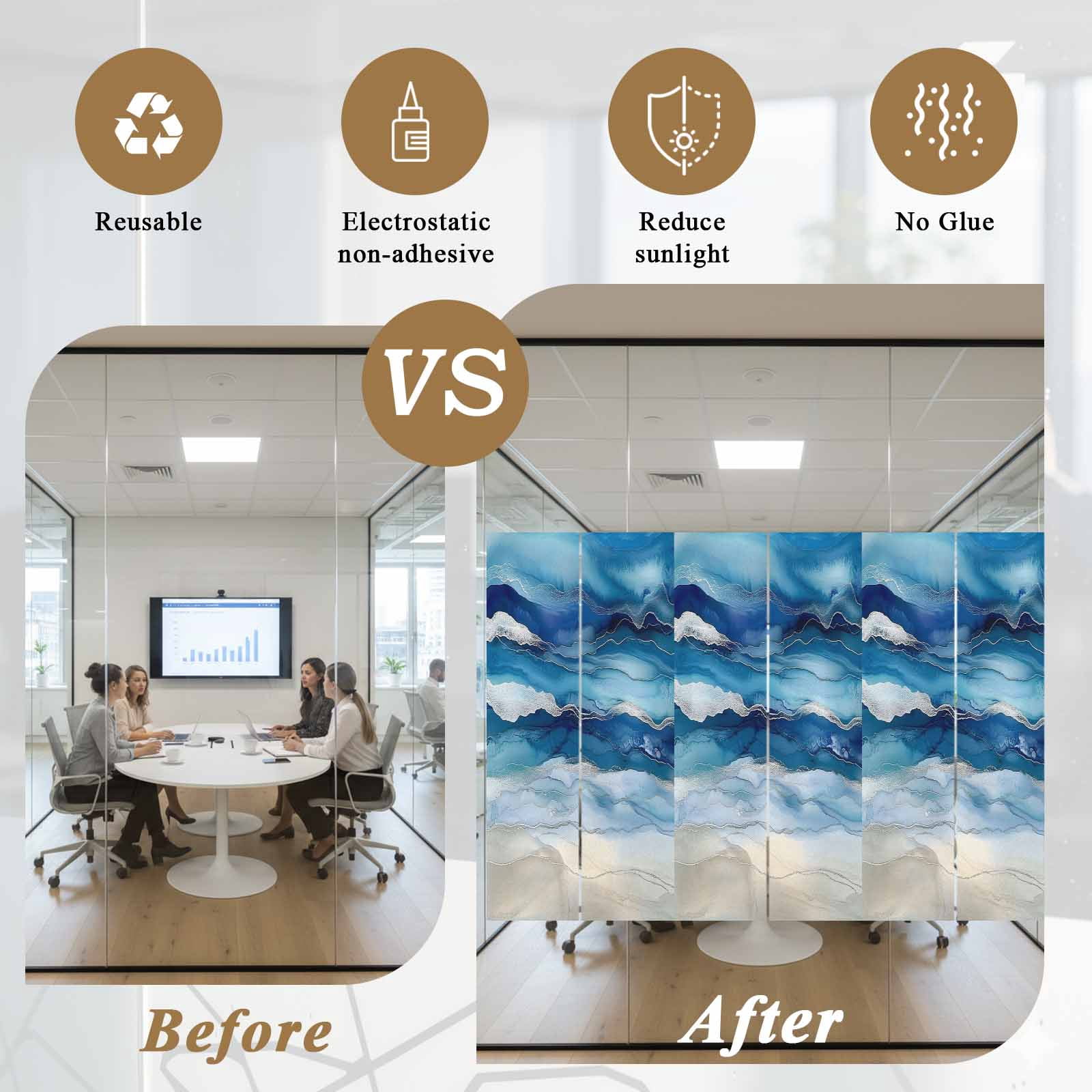 Ocean Waves Window Privacy Film, Gradient Blue White Marble Waves Frosted Glass Window Clings Static Cling UV Heat Blocking Reusable Door Sticker for Bathroom 23.6 x 59 Inch