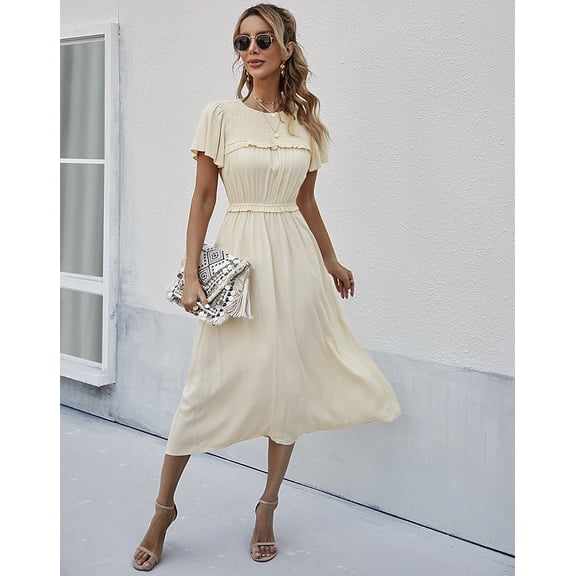 Shirred Neck Flowy Short Sleeve Dress for Women Below Knee Length