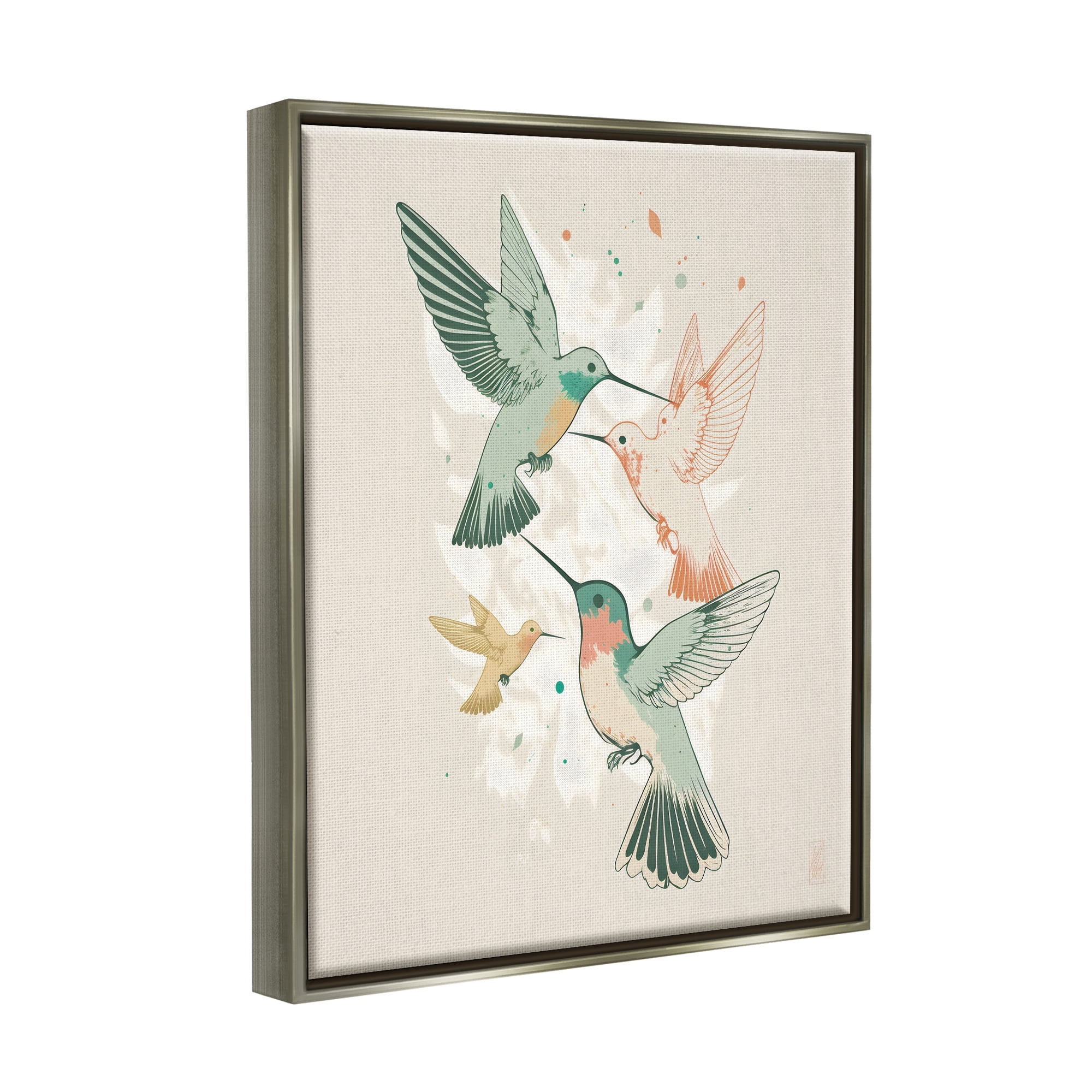 Stupell Industries Hummingbirds on Beige Animals & Insects Painting Gray Floater Framed Canvas Art Print Wall Art, 25 x 31