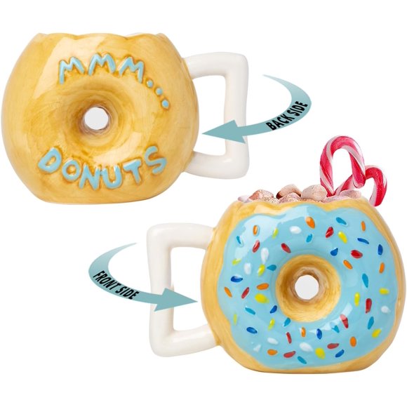 Tasse en Céramique en Forme de Beignet - Délicieuse Tasse à Glaçure au Chocolat avec Vermicelles - Citation Drôle MMM. Beignets! - Meilleure Tasse pour Café, Thé, et Plus - Grande Taille 14 oz - Cadeau de Tasse à Café Amusant