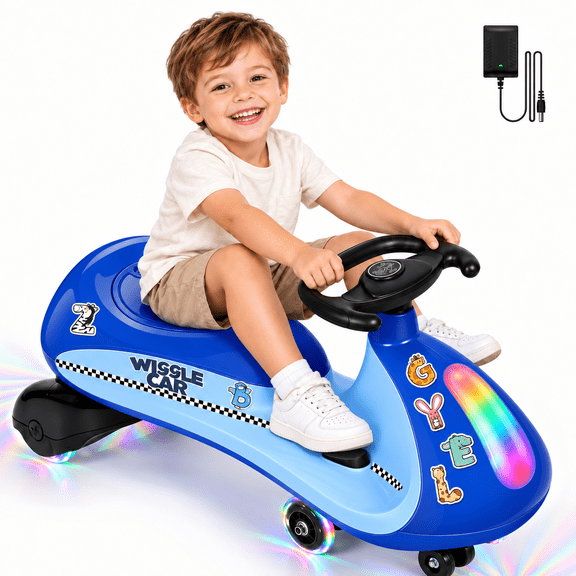 COFUNOK 12V Electric Wiggle Car for Kids Ages 3 , 2-in-1 Swing Ride-on Toy, Dual Motors, 2 Speeds up to 4 mph, LED Lights, Bluetooth, 150 lbs, Blue