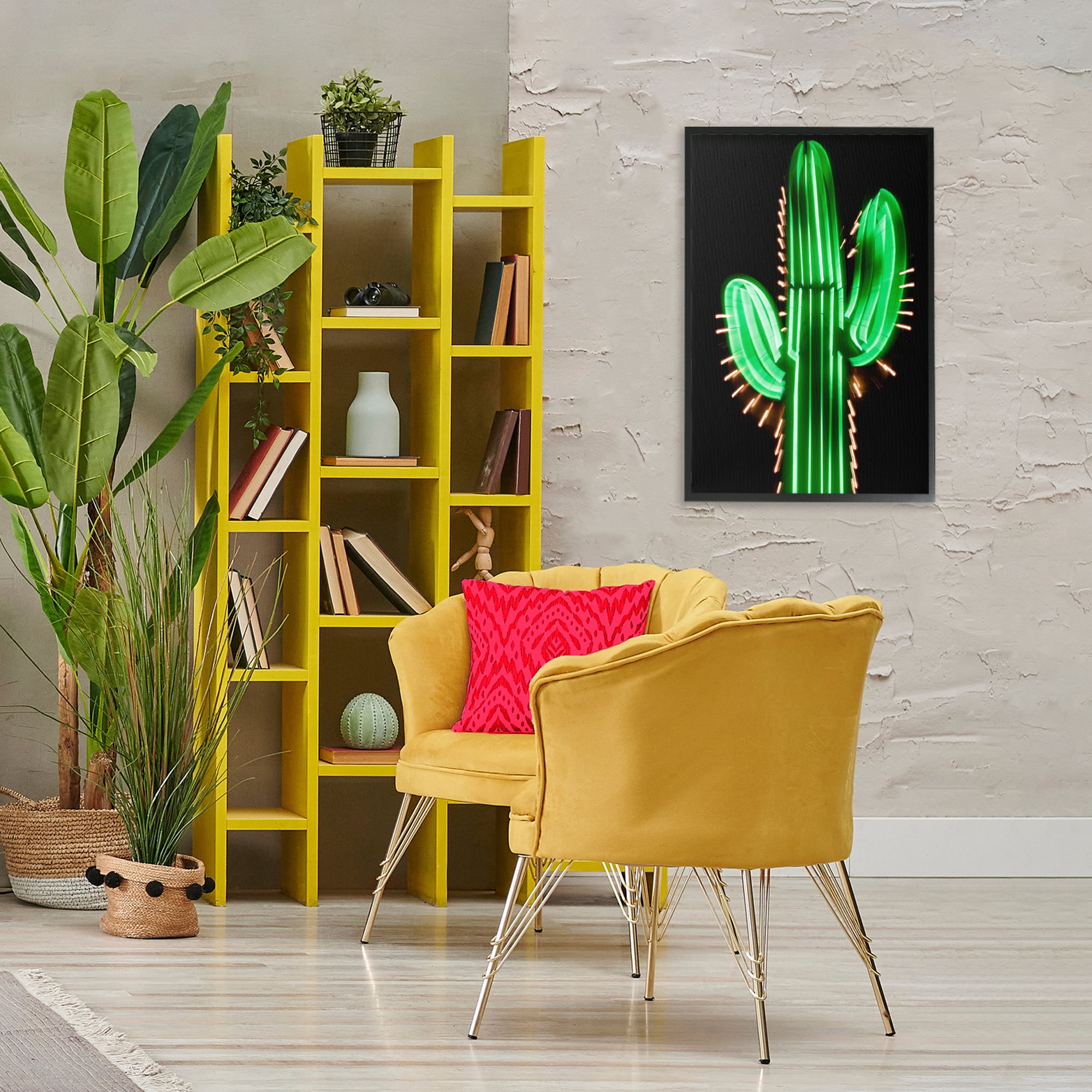 Stupell Industries Neon Lights Cactus Botanical & Floral Painting Black Framed Art Print Wall Art, 20 x 30