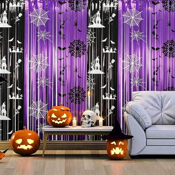 Gallickan Purple Black Halloween Tinsel Curtain, Spooky Spider Web Tassel Doorway Backdrop for Party Decor, 78.7x39.4 in, Plastic