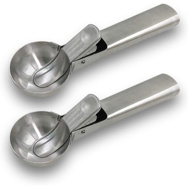 Cuchara para helado de acero inoxidable macizo, 2 paquetes de cuchara para helado de acero inoxidable con gatillo fácil, cuchara para frutas, cuchara para melón de agua