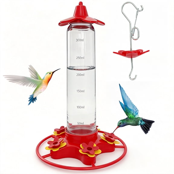 GARITIN Hummingbird Feeder 300ml, Anti-Ant Leak Proof Hanging Bird Nectar Feeder with Built-In Ant Moat for Outdoor Garden Yard