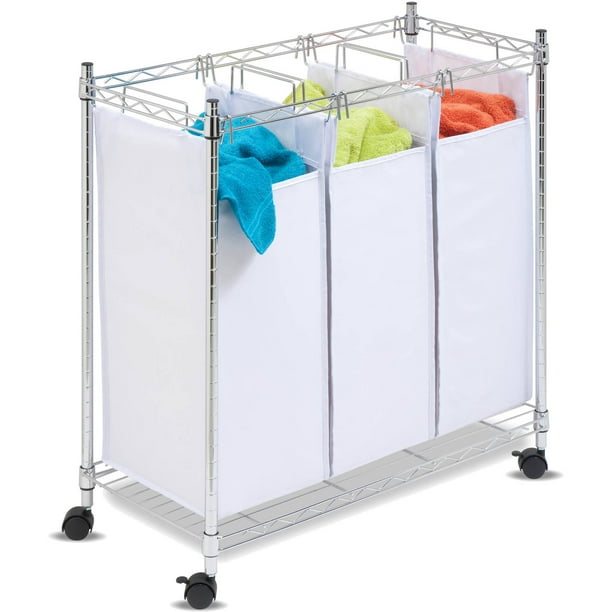 Honey Can Do Urban Rolling Laundry Sorter with 3 Bags, White/Chrome