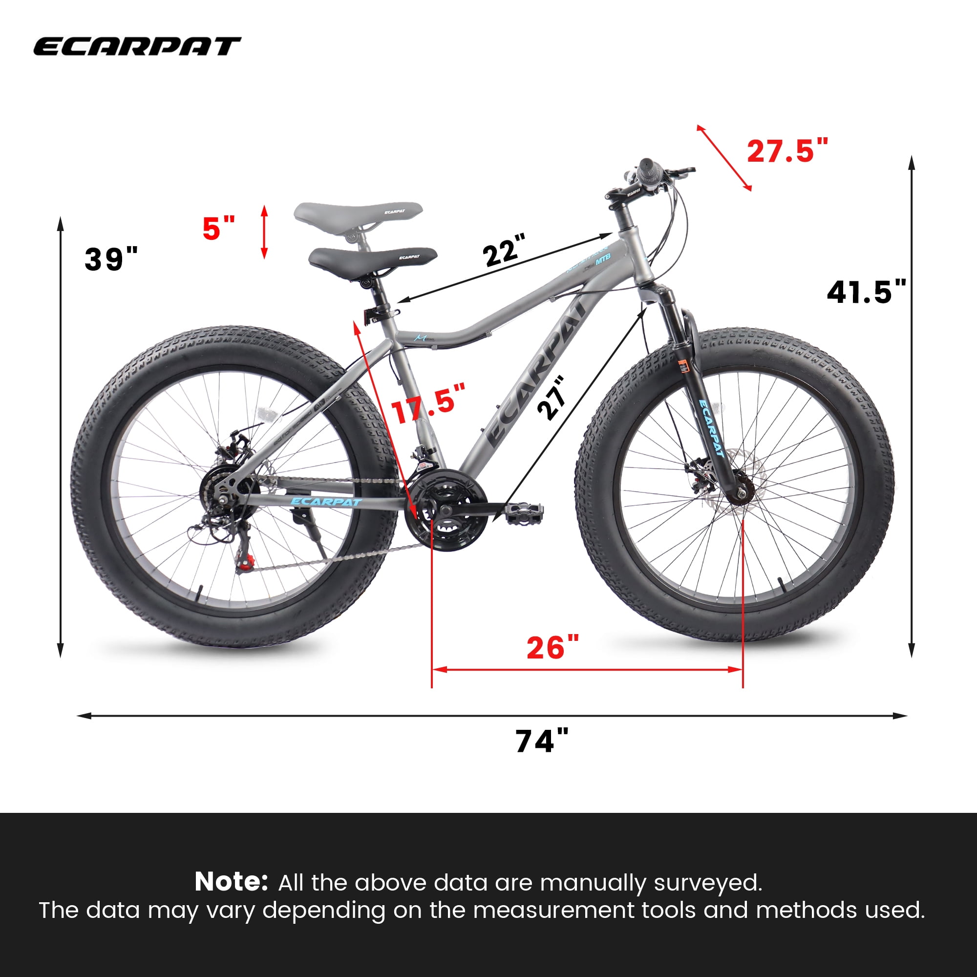 26 Inch Fat Tire Mountain Bikes, 21 Speed 4-Inch Wide Fat Tire, for Mens Womens Bicycles