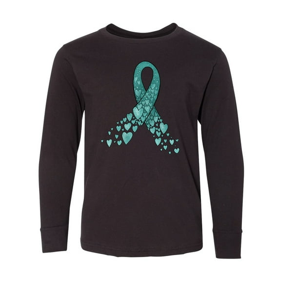 Inktastic Ovarian Cancer Awareness Teal Ribbon Made of Hearts Long Sleeve Youth T-Shirt