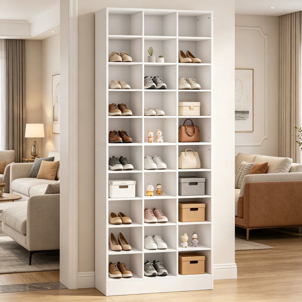 Tall Cubby Shoe Storage Cabinet, 30 Adjustable Cubbies Holds Up to 30 Pairs, Thick Manufactured Wood Freestanding Shoe Rack Max 330LBS for Entryway Closet
