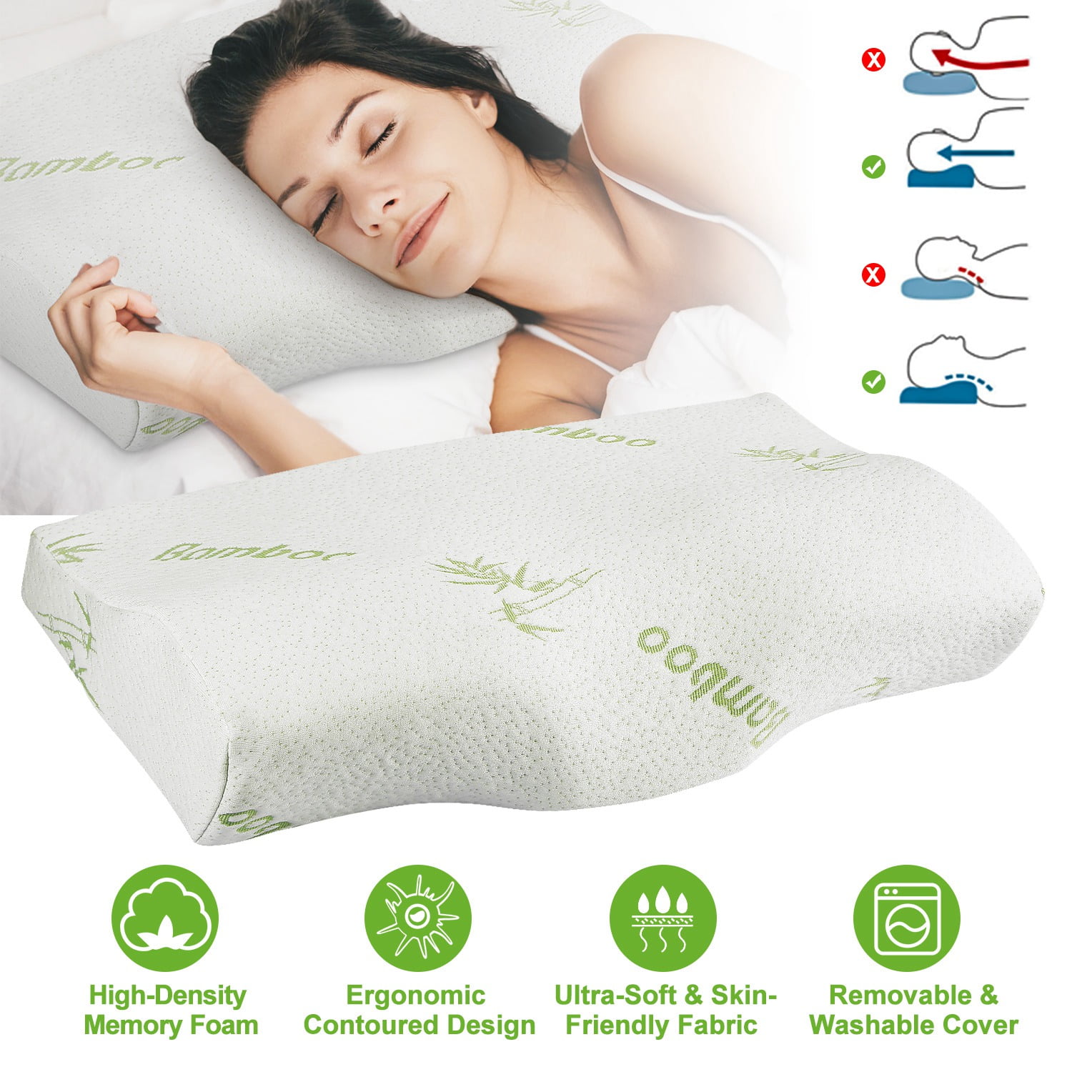 ANTI BACTERIAL BAMBOO MEMORY FOAM PILLOW ORTHOPAEDIC FIRM BACK SUPPORT HEAD NECK