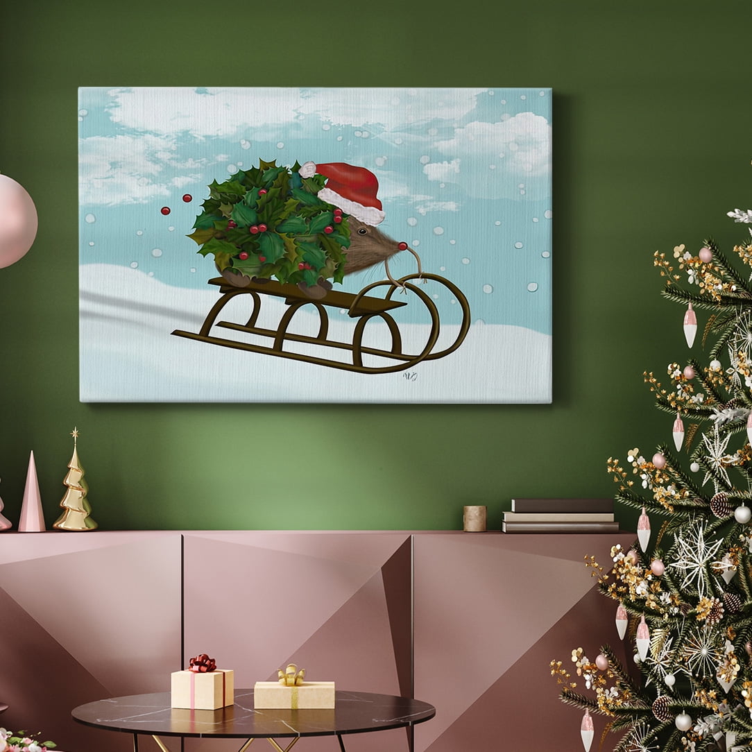 Christmas Holly Hedgehog Sledding- Gallery Wrapped Canvas