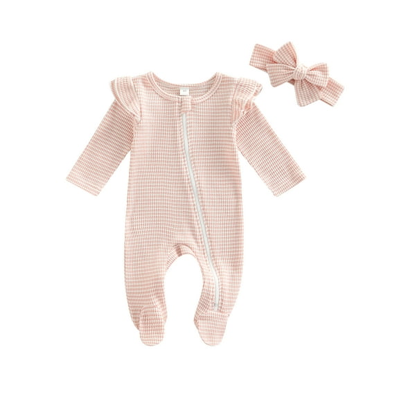 Qtinghua Newborn Baby Girls Striped Sleeper Zipper Footie Romper Ruffle One Piece Infant Clothes Pink 0-3 Months