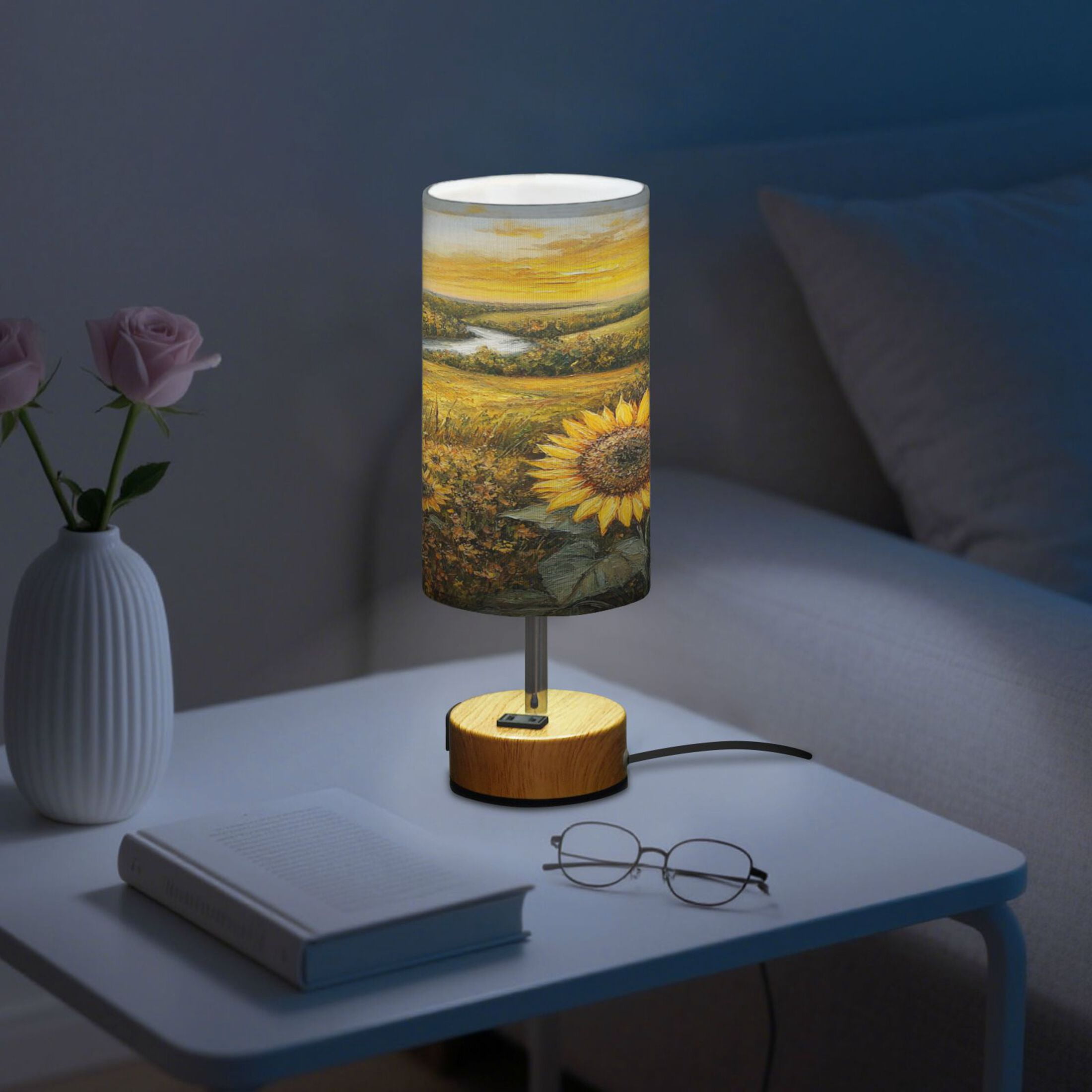 Wobogo Oil Painting Of Sunflower Bedside Lamp Touch Control Table Lamp with USB A+C Charging Ports & AC Outlet 3-Way Dimmable Nightstand Lamp with Linen Fabric Shade for Bedroom Living Room
