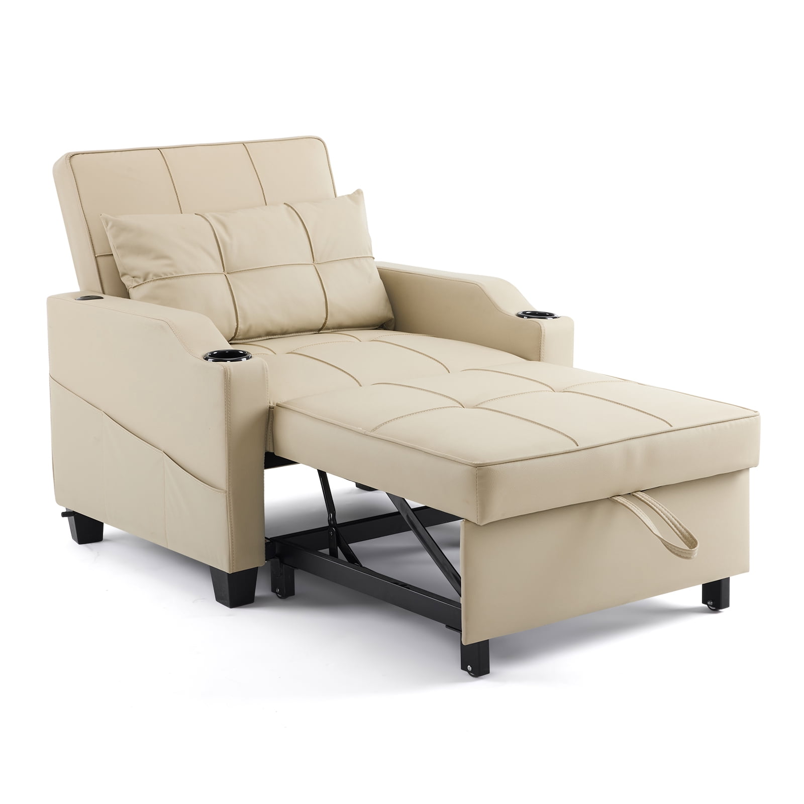 Ktaxon Sleeper Sofa Bed Convertible Chair Faux Leather 3-in-1 Futon Sofa with Lumbar Pillow for Living Room Bedroom Office Apartment Furniture Beige