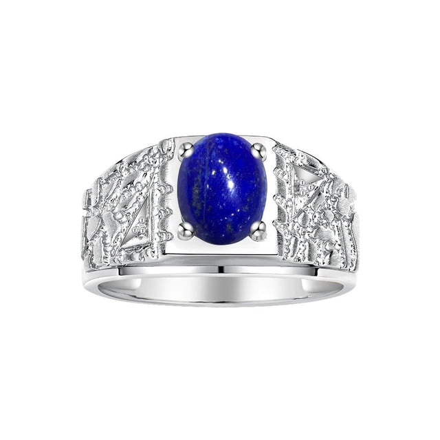 RYLOS Men's Rings 14K White Gold Designer Nugget Ring Oval 9X7MM Gemstone & Diamonds Lapis Lazuli September Birthstone Rings For Man Size 11