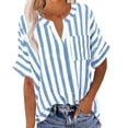 thumbnail image 3 of Womens Short Sleeve Shirts Linen Lightweight Striped V Neck Tops Loose Casual Summer Blouses with Pocket (XL, Sky Blue), 3 of 8
