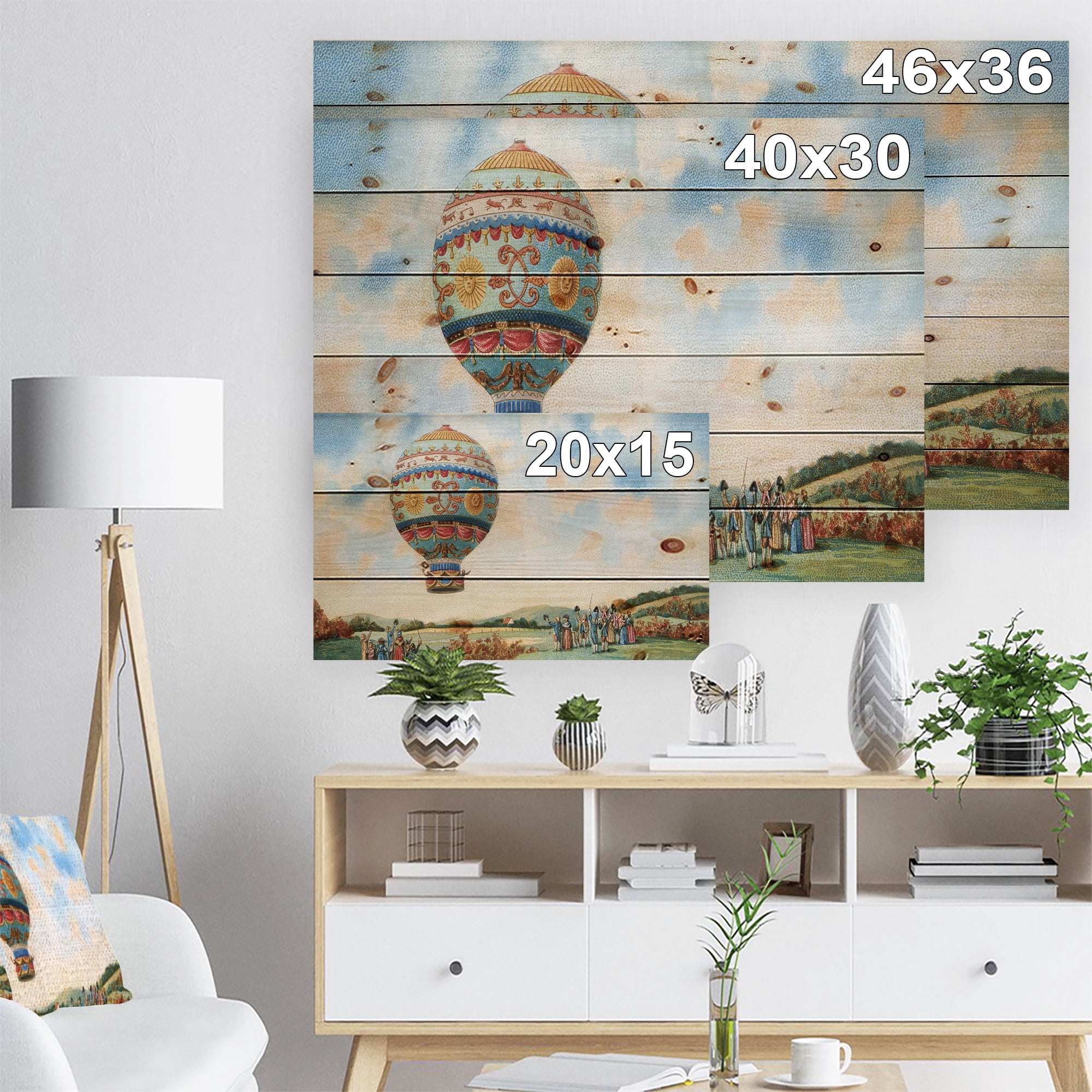 Designart 'Hot Air Balloon Illustration' Abstract Print on Natural Pine Wood
