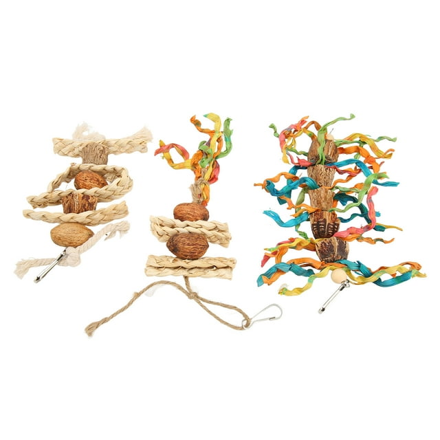Juguetes para masticar pájaros, nueces, cuerda de cáñamo, cáscara de maíz, colorido, resistente a mordeduras, juguetes para morder colgantes, 3 uds.
