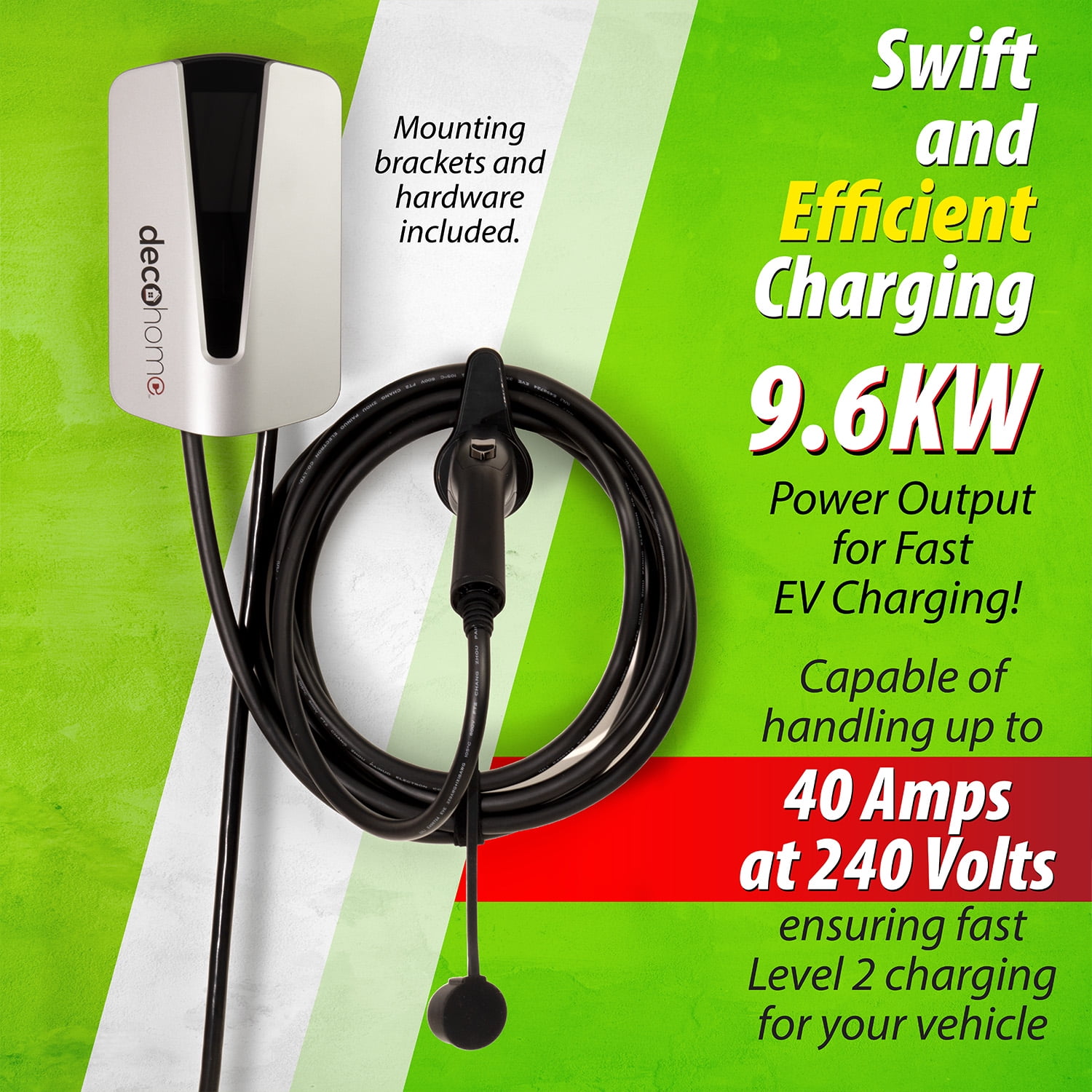 Deco Home Level 2 EV Charging Station, 240V 40A, SAE J1772 Plug and NEMA 14-50 Plug, Tesla Adapter Included