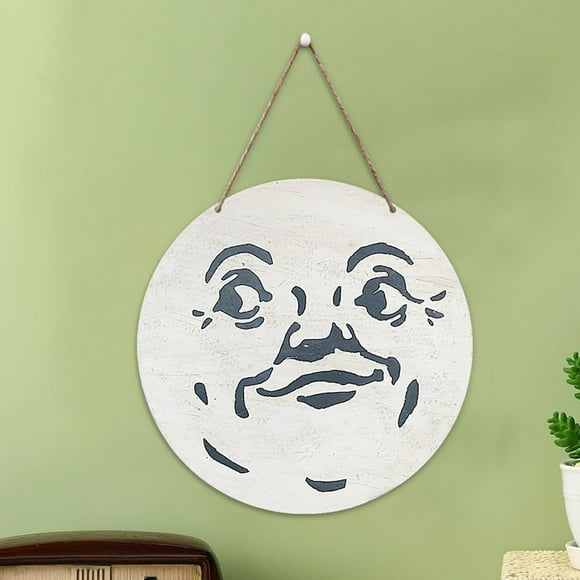 Riforla Halloween Wood Hanging Door Sign Man in The Moon Face Vintage Wooden Hanging Door Sign Cartoon Moon Wall Pediments Halloween Front Door Sign for Home Christmas Tree Decora White