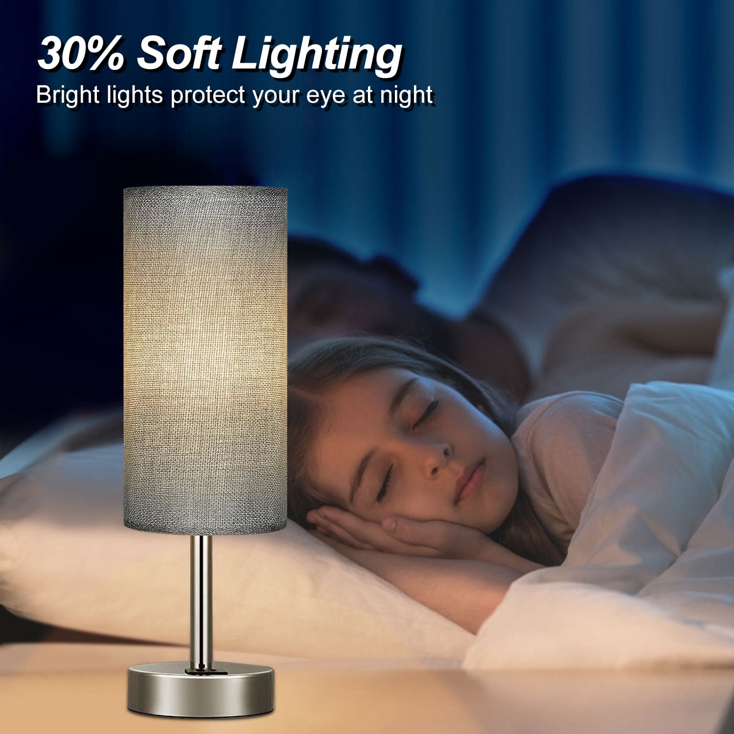 HadinEEon Table Lamp, 3 Way Dimmable Light Touch Lamp, USB C&A Fast Charging Ports, Fabric Shade Silver Base Lamp, for Bedroom, Living Room, Office, Dorm