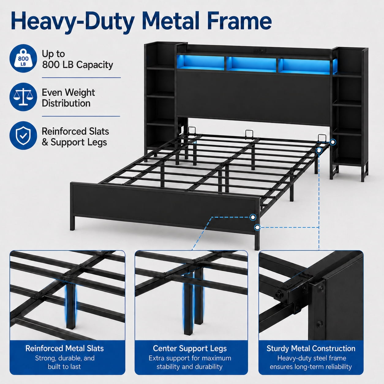 Miniyam Full Platform Bed Frame with Bookcase Headboard, Charging Station, LED Lights, Side Storage Shelves, Black