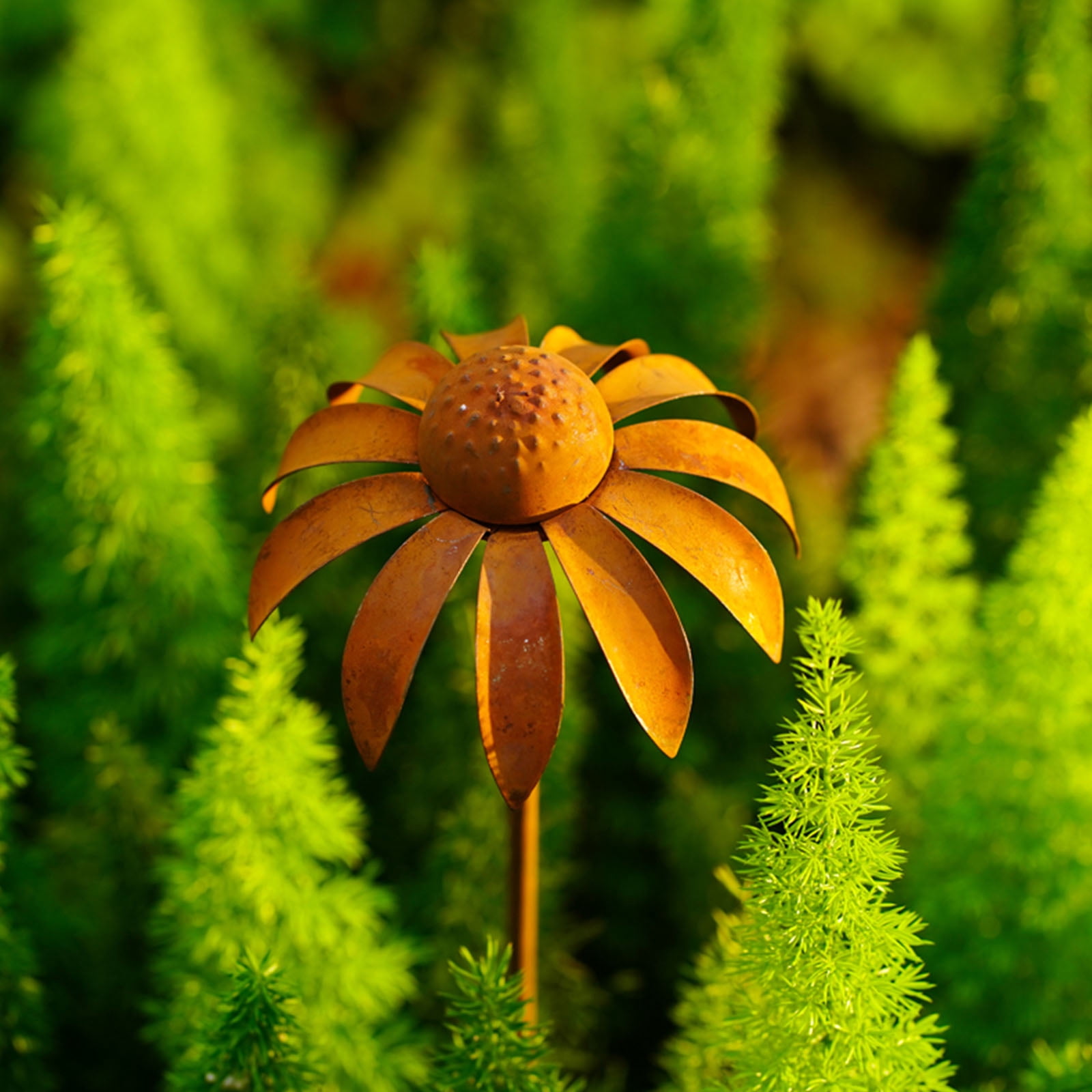 Aged Finish Iron Echinacea Coneflower Garden Stake Decorative Plant Sculpture for Patios Landscape
