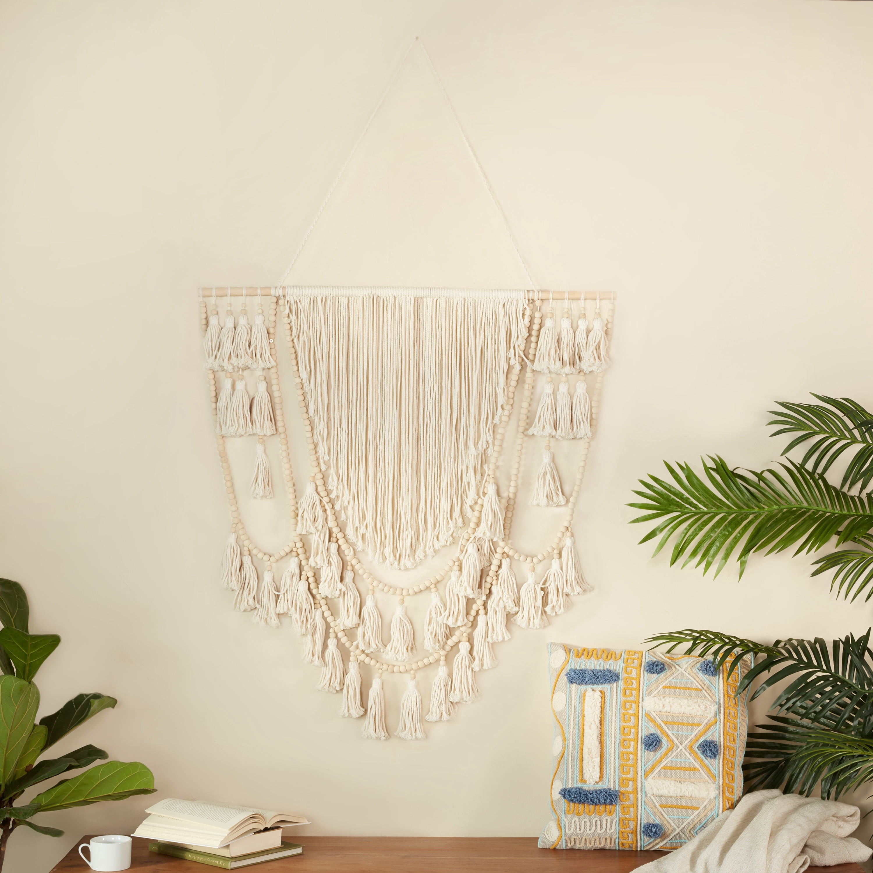 DecMode White Cotton Handmade Intricately Weaved Macrame Wall Decor with Beaded Fringe Tassels