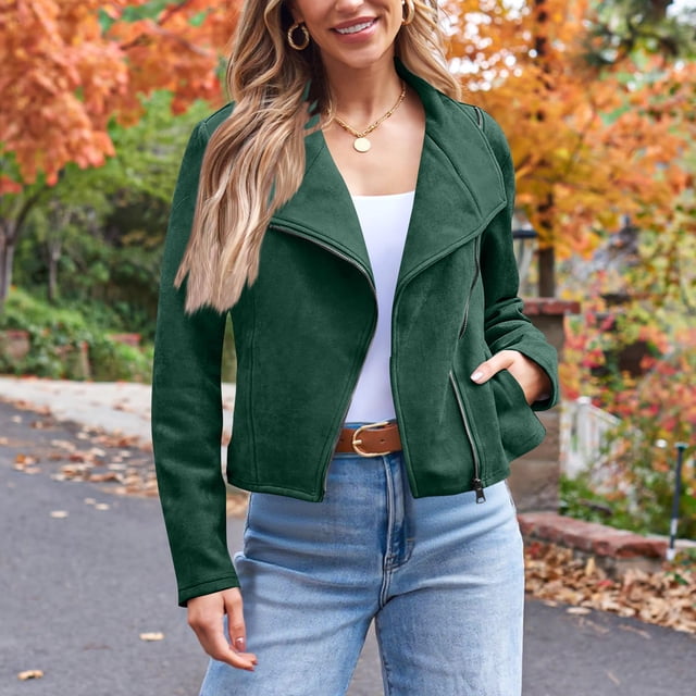 Chaquetas y abrigos casuales de manga larga sin capucha para mujer, de moda, de colores, con cremallera y bolsillo, chaqueta de gamuza, chaqueta de poliéster para mujer.