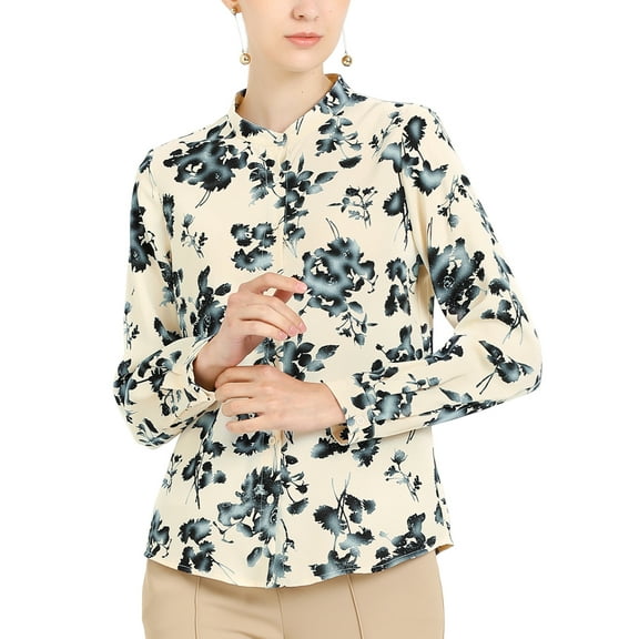 MODA NOVA Junior's Floral Button Down Long Sleeves Shirt Blouse Beige M