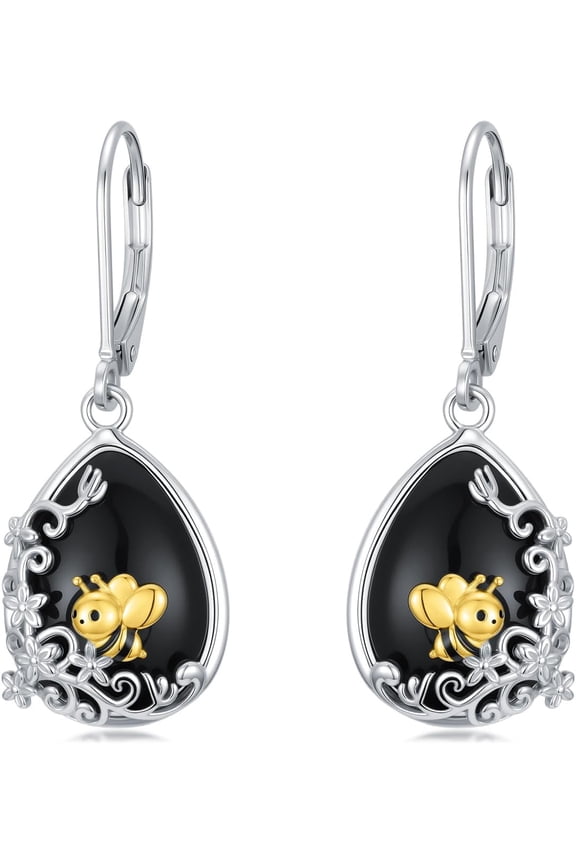 Bee Earrings 925 Sterling Silver Black Onyx Leverback Earrings Bumble Bee Dangle Earrings Bee Jewelry Gifts for Women