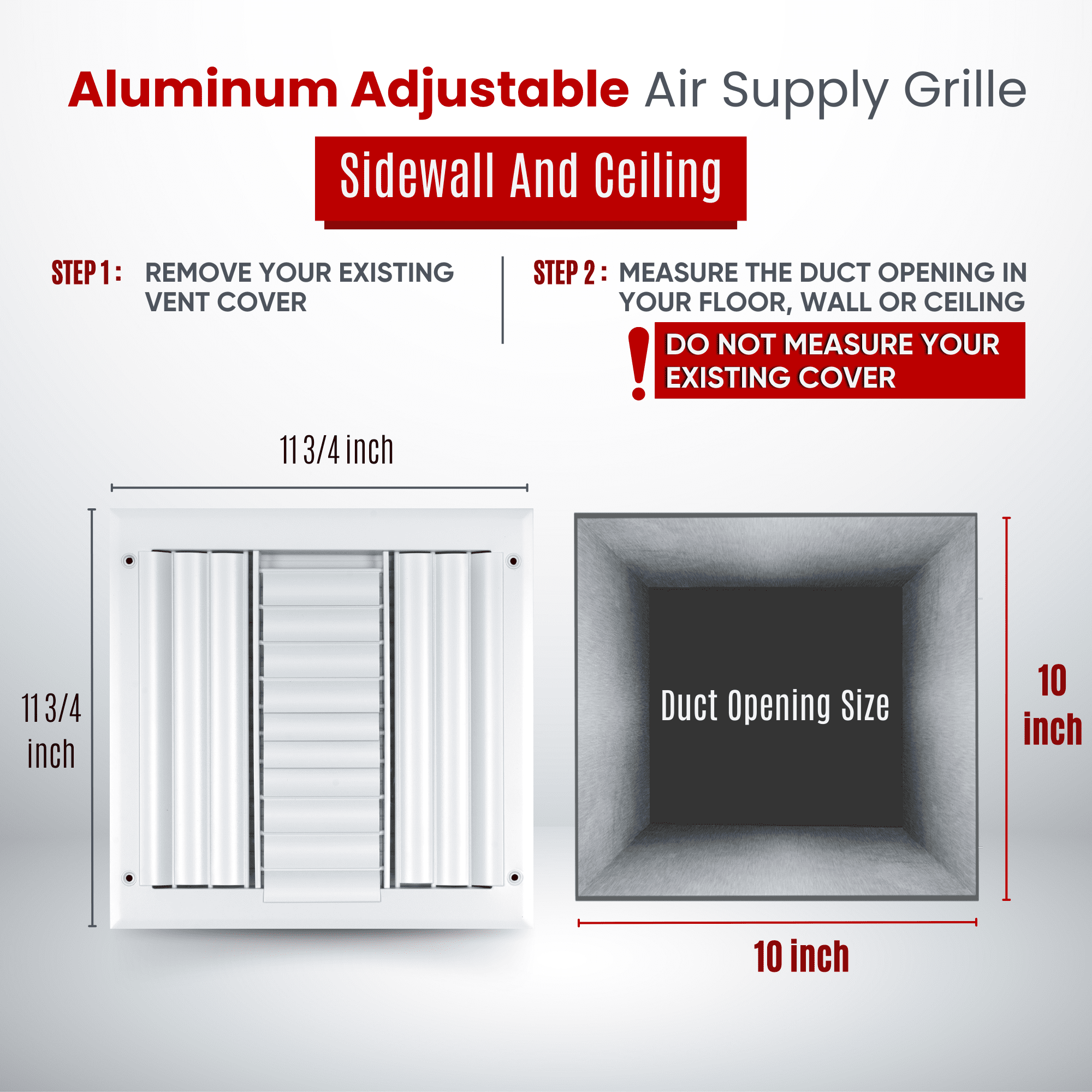 Fits 10x10 Duct Opening Aluminum 3-WAY Adjustable Air Supply Grille by Handua | Curved Blade Register Vent Cover for Sidewall & Ceiling | White | Outer Size: 11.75" X 11.75"