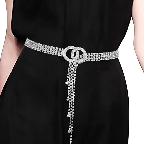 TELOLY Crystal Belts for Women Dress Rhinestone Waist Belt O-Ring Chain Gift for Friends Birthday Silver Belt for Woma