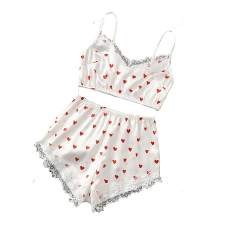 

Spaghetti Strap Sexy Heart Short Sets White Sleeveless Women Pajama Sets