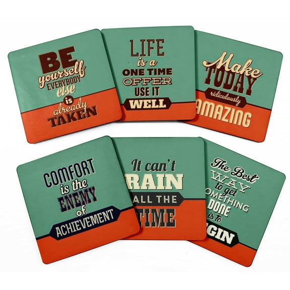Inkdotpot Set of 6 Drink Coasters DecorativeNon,SlipCork Base4-inch Square PrintedCoastersEasy Clean- Motivational Quotes