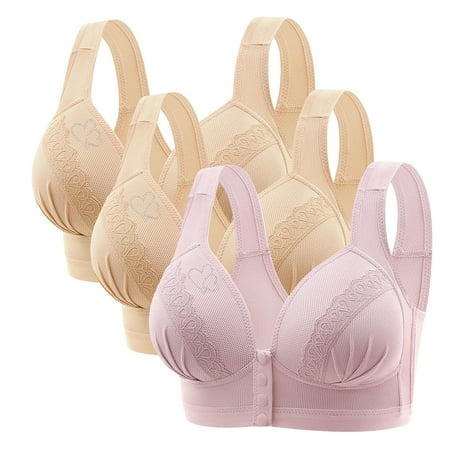 TOUMENY Back Smoothing Bra Plus Size Bra 3PC Ladies Traceless Comfortable No Steel Ring Breathable Gathering Front Opening Buckle Bra Woman Underwear
