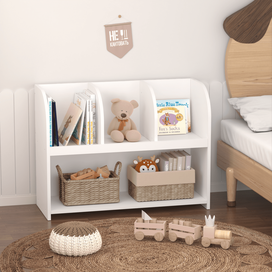 Gzxs Kids Bookshelf, Toy Organizer and Storage, Bookshelf for Kids, 4 Compartments, 2-Tier Wooden Bookcase for Game Room, Playroom, Nursery, School, White, 31.5"W x 11.81"D x 23.62"H