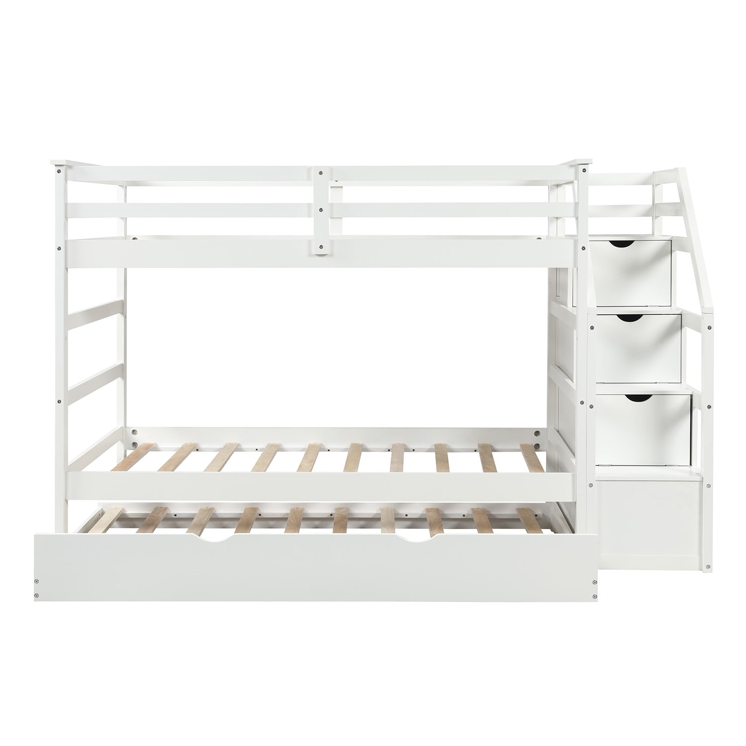 Lowestbest Solid Wood Twin-Over-Twin Bunk Bedd with Twin Size Trundle and 3 Storage Stairs - White